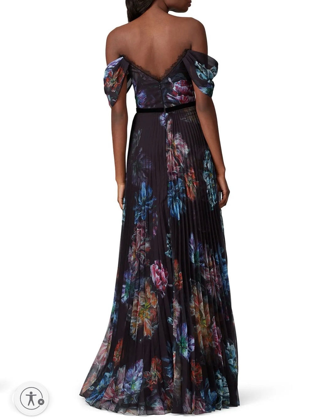 Marchesa Notte Strapless Floral Pleated Maxi Dress in Black Floral - Picture 5 of 6